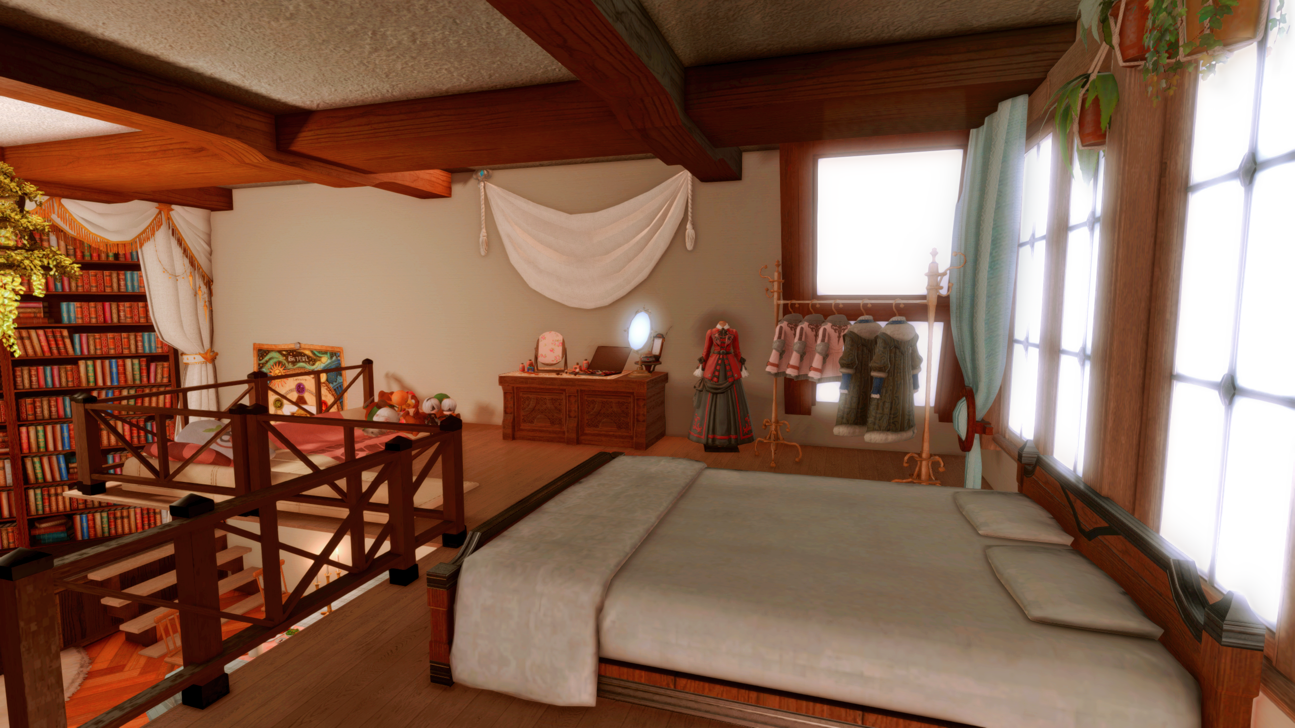 Final Fantasy 14 housing, a lofted area with a bed, drawers and sofa