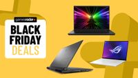 Razer Blade 16, Alienware M18, and Asus ROG Zephyrus G14 gaming laptops on a yellow background with black friday deals badge