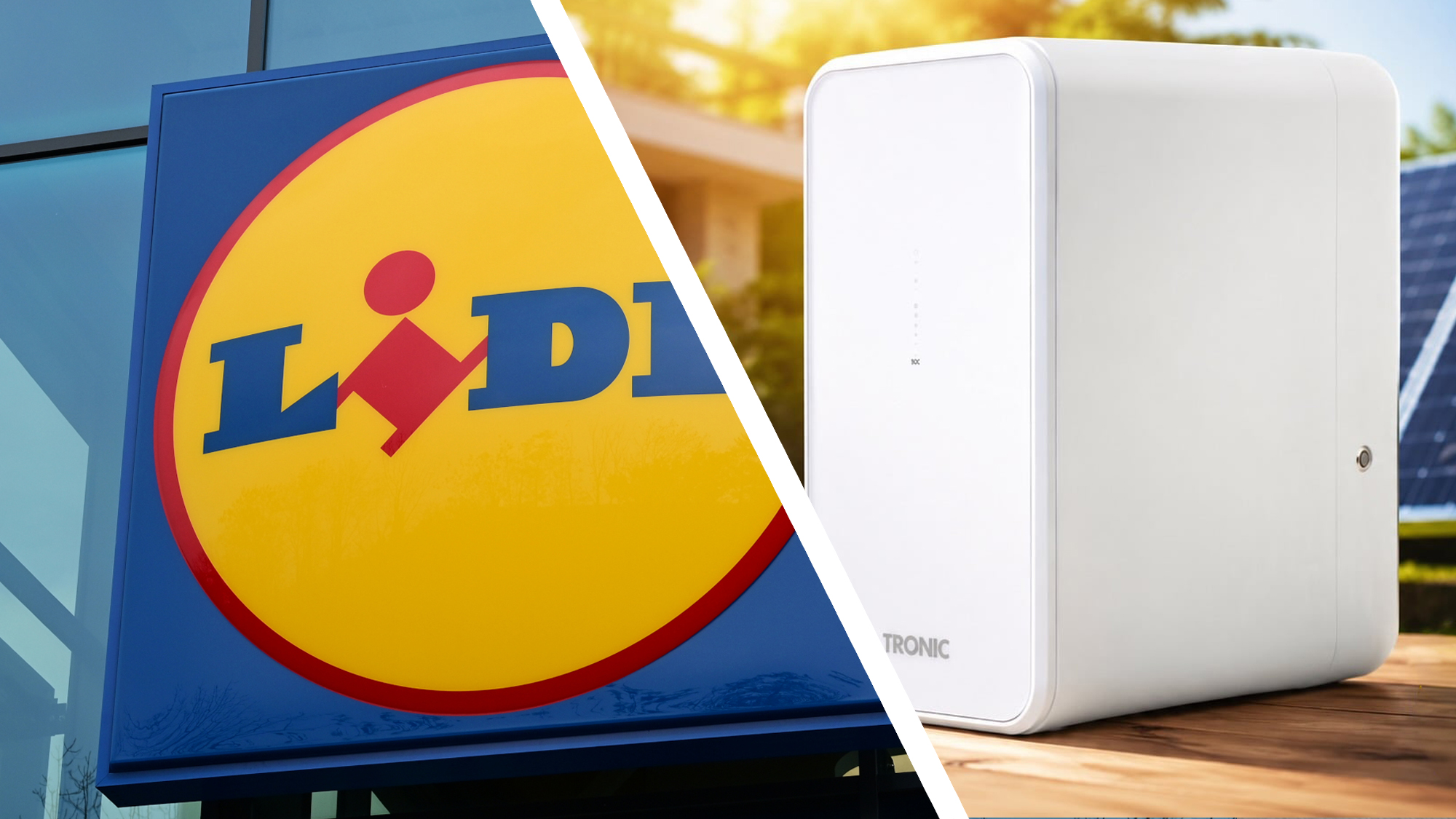 A Lidl store logo next to a solar battery in front of solar panels
