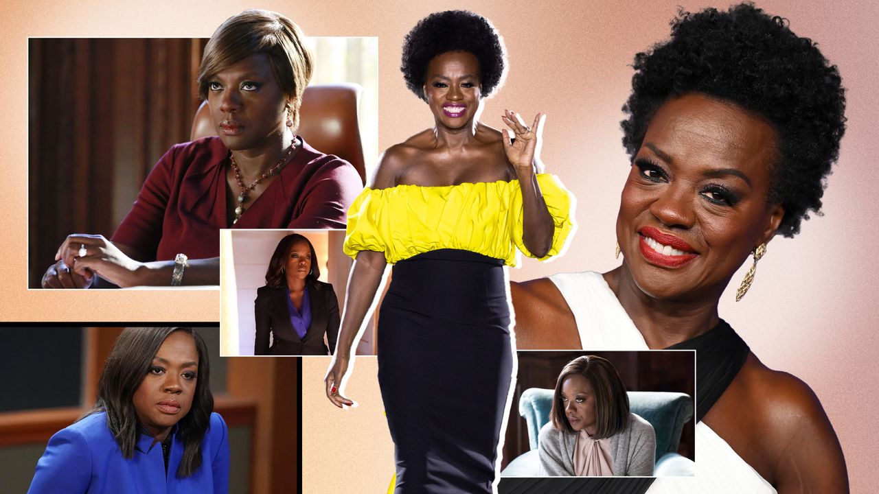 A collage of Viola Davis character stills from &#039;How to Get Away With Murder,&#039; and photos from the red carpet.