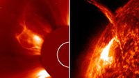 two panel image left shows the cme eruption billowing into space, right shows close up more detailed view of the plasma leaving the surface.