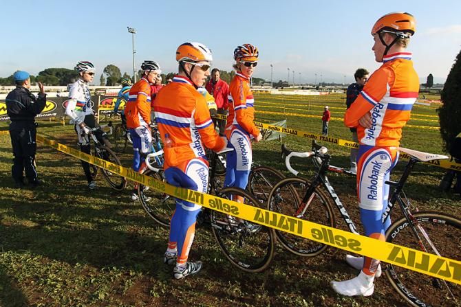Dutch riders gather for a pre-ride of the World Cup course in Rome.