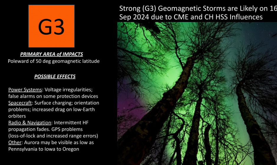 Graphic with detailed information about the geomagnetic storm warning G3 and its possible effects.