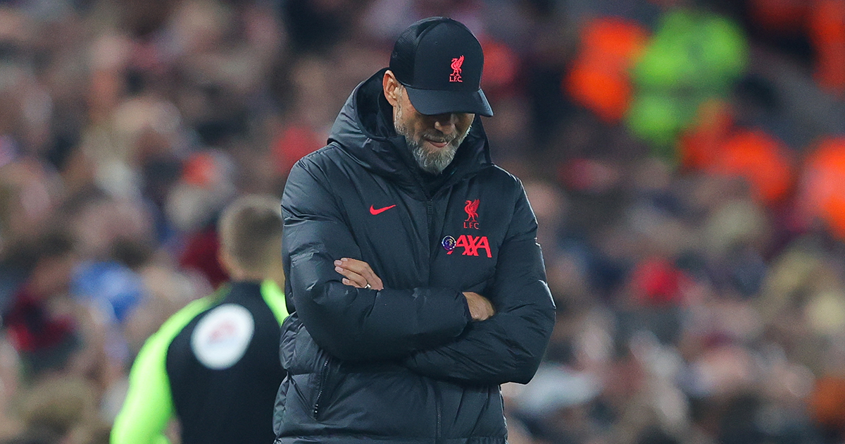 Jurgen Klopp, manager of Liverpool, looks dejected during the Premier League match between Liverpool FC and Leeds United at Anfield on October 29, 2022 in Liverpool, England.