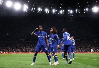 Nicolas Jackson of Chelsea celebrates after scoring the team's fourth goal and his hat-trick during the Premier League match between Tottenham Hotspur and Chelsea FC at Tottenham Hotspur Stadium on November 06, 2023 in London, England.