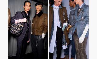 Two images of male models wearing clothing by Dior in various shades.