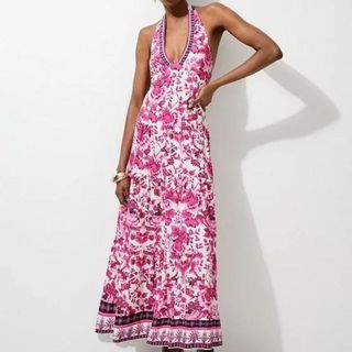 Floral Printed Viscose Woven Halter Maxi Dress