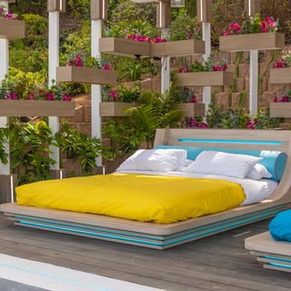room with bed with pillows and plant in pots
