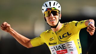 Tadej Pogacar of Slovenia and UAE Team Emirates - XRG - Yellow Leader Jersey celebrates at finish line as stage 19 winner during the 113th Tour de France 2026, at Alpe d'Huez 1835m on July 24, 2026
