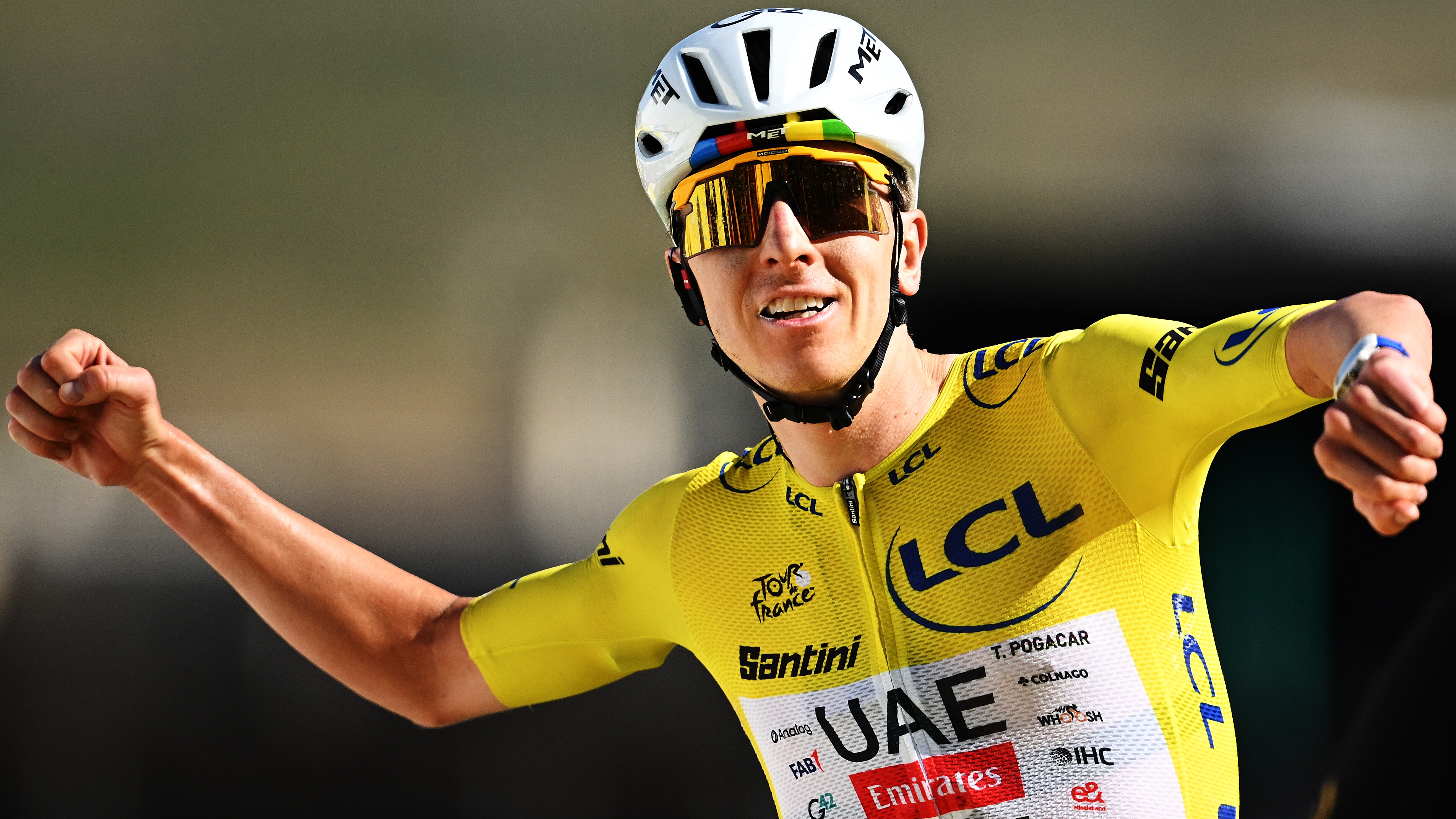 Tadej Pogacar of Slovenia and UAE Team Emirates - XRG - Yellow Leader Jersey celebrates at finish line as stage 19 winner during the 113th Tour de France 2026, at Alpe d'Huez 1835m on July 24, 2026