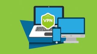 Grafik eines Laptops, Monitors und Smartphones auf grünem Hintergrund mit VPN-Symbol davor