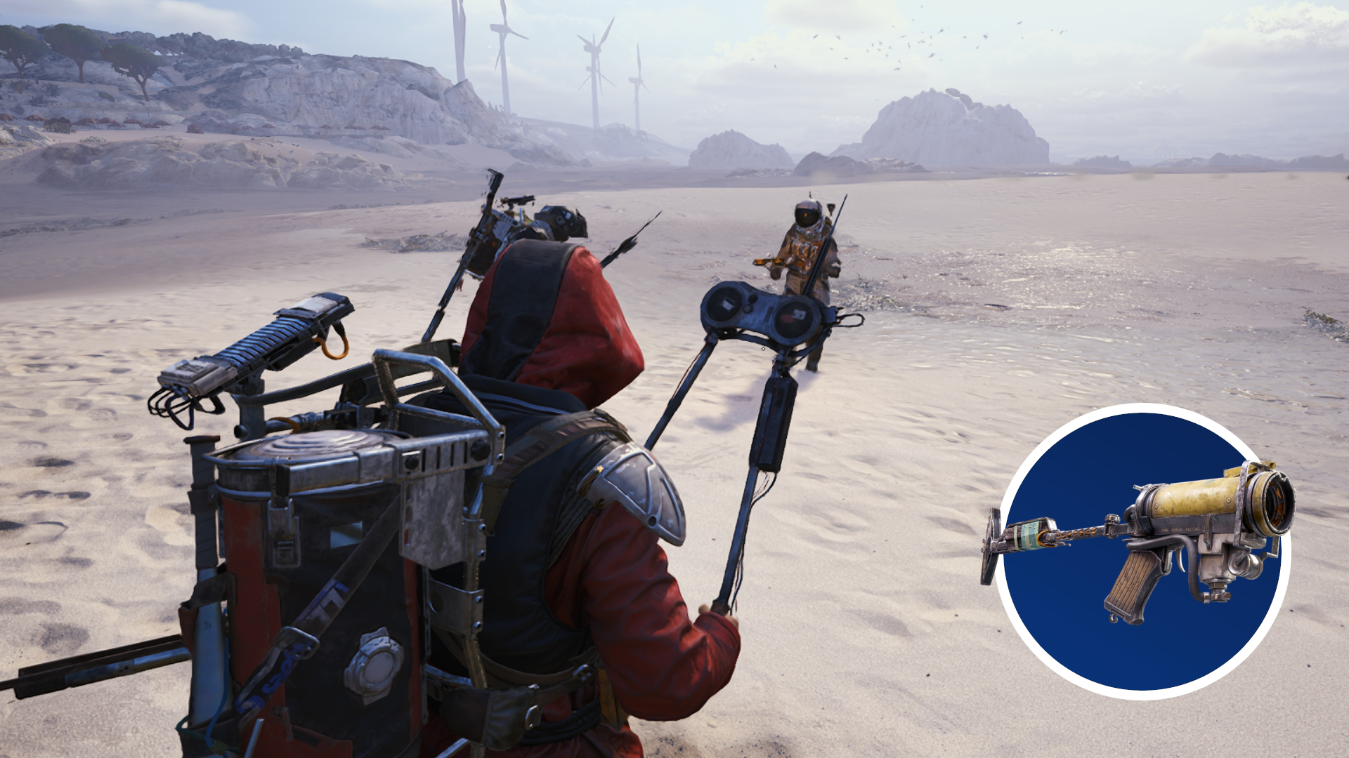 Arc Raiders Rascal: A player holding a Dockmaster's Detector on the beach with two other players. There's a circle in the bottom right corner with a picture of the Rascal.