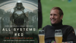 The book cover of "All Systems Red" in the Murderbot series and Alexander Skarsgard in Succession.