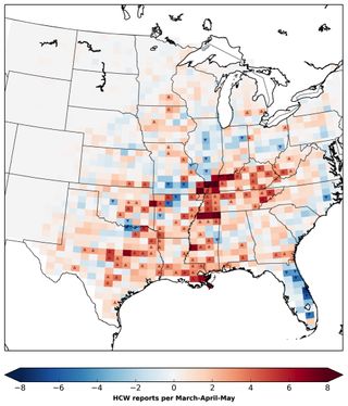 Average differences between severe weather in 1980-1990 and 2080-2090. Red means more severe storms, and blue means fewer storms.