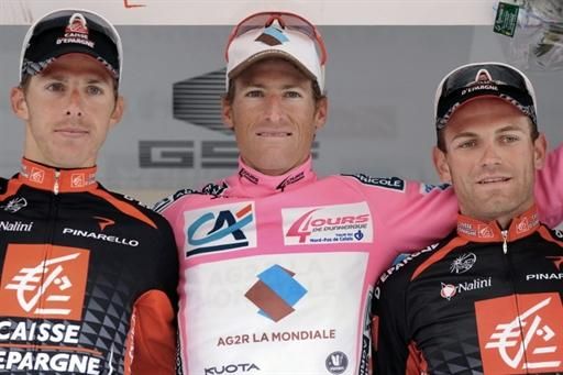 Final GC podium: Rui Costa (2nd, Caisse d'Epargne), Martin Elmiger (1st, Ag2R-La Mondiale) and Juan Joaquin Rojas (3rd, Caisse d'Epargne)