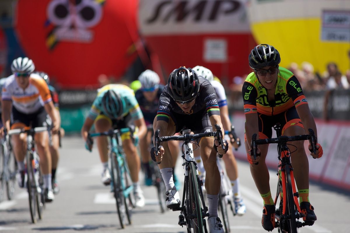 Giorgia Bronzini nudges out Marta Bastianelli (Ale' Cipollini) for the win