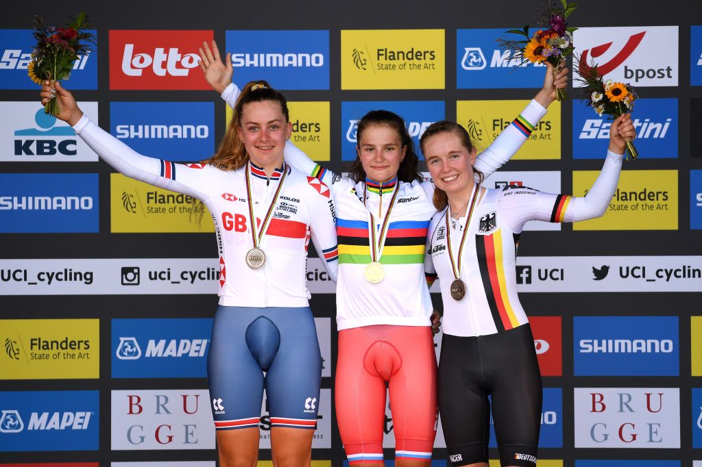 The junior women&rsquo;s time trial podium (l-r) Zoe Backstedt (Great Britain), Alena Ivanchenko (Russia) and Antonia Niedermaier (Germany)