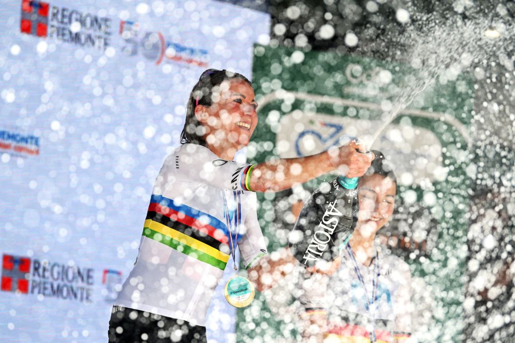 CANELLI ITALY JULY 05 Annemiek Van Vleuten of The Netherlands and Movistar Team celebrates at podium as stage winner during the 34th Giro dItalia Donne 2023 Stage 6 a 1044km stage from Canelli to Canelli 315m UCIWWT on July 05 2023 in Canelli Italy Photo by Dario BelingheriGetty Images