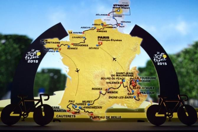 A huge map of the 2015 Tour de France on stage at the presentation in Paris