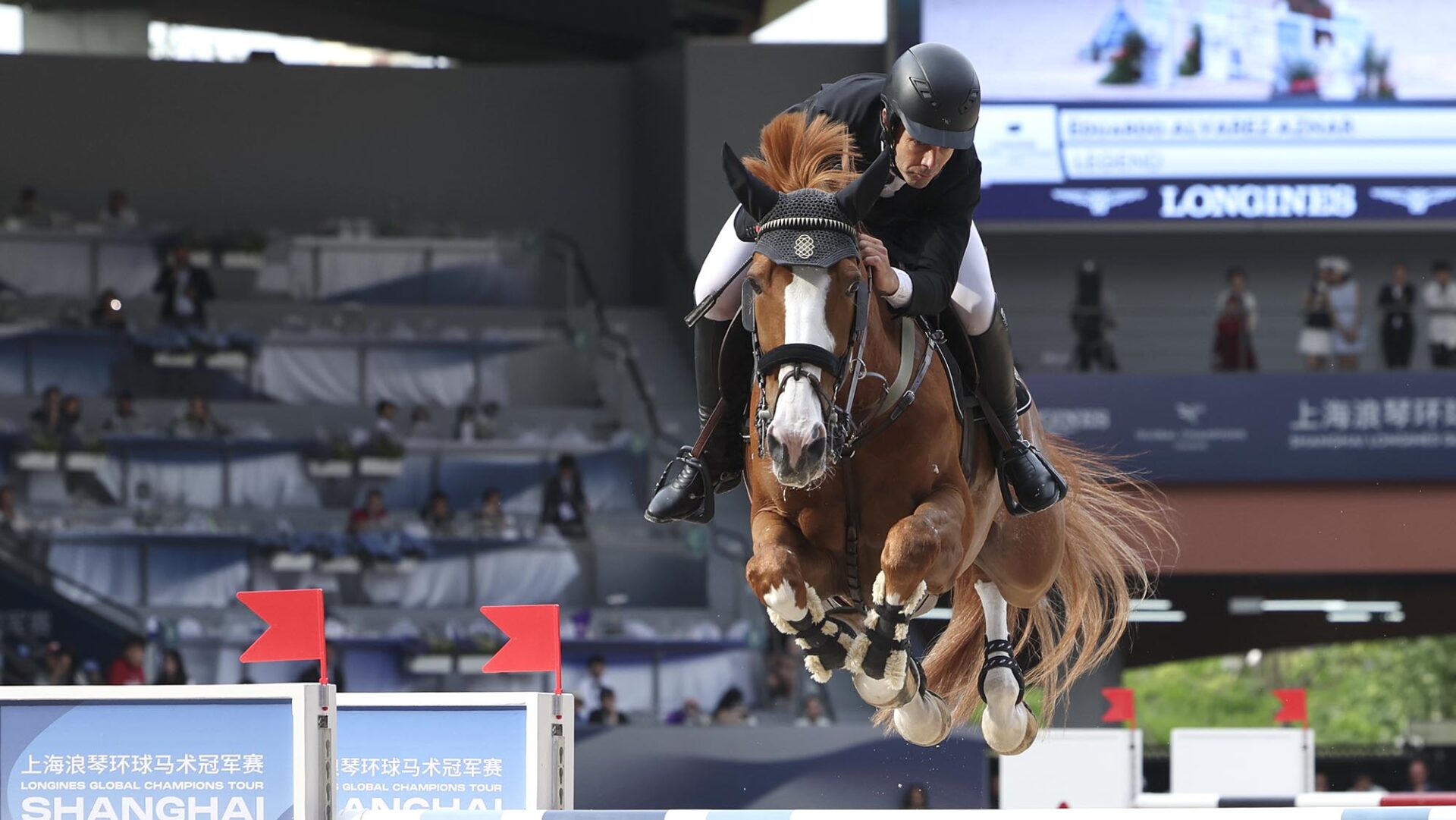 SHANGHAI, CHINA - MAY 04: Eduardo Alvarez Aznar of Spain riding Legend during on day three of the Longines Global Champions Tour of Shanghai - 1.60m jumping competition at Shanghai Juss International Equestrian Centre on May 4, 2025 in Shanghai, China. (Photo by Zhe Ji/Getty Images)