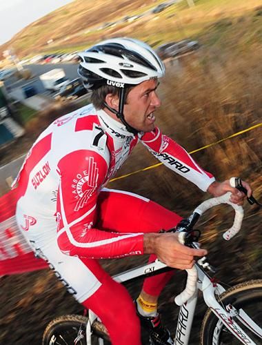Joachim Parbo (Leopard Cycles) on the steep climb in fifth place.