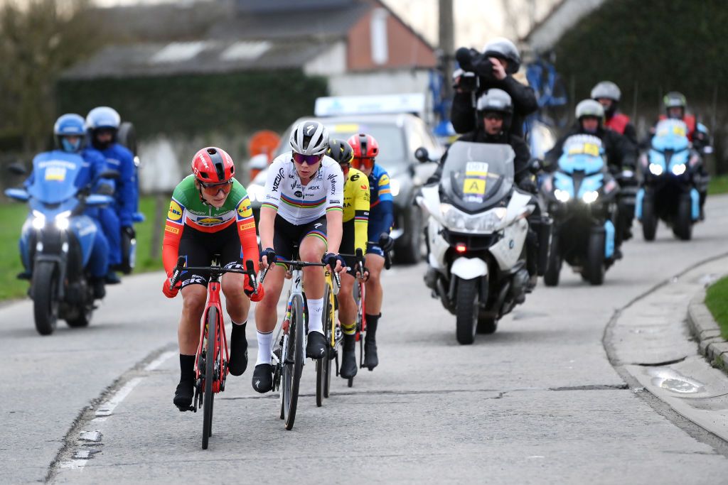NINOVE BELGIUM FEBRUARY 24 LR Elisa Longo Borghini of Italy and Team LidlTrek and Lotte Kopecky of Belgium and Team SD WorxProtime compete in the breakaway during the 16th Omloop Het Nieuwsblad 2024 Womens Elite a 1271km one day race from Ghent to Ninove UCIWWT on February 24 2024 in Ninove Belgium Photo by Alex BroadwayGetty Images