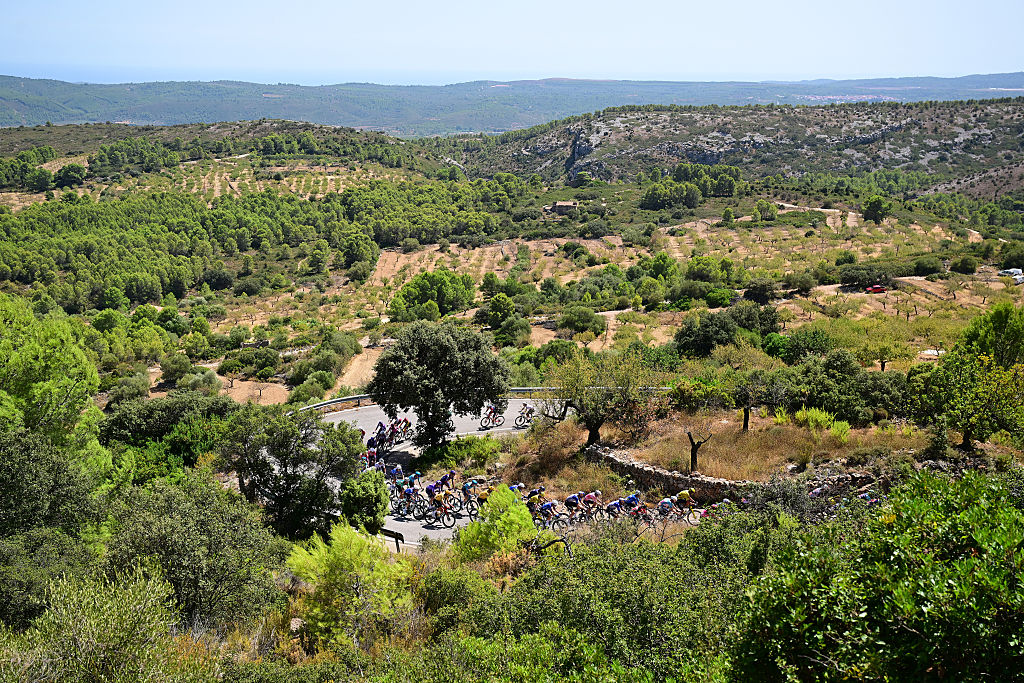 CASTELLO, SPAIN - AUGUST 27: A general view of the peloton climbing to the Puerto de la Serratella (844m) during the La Vuelta - 81st Tour of Spain 2026, Stage 6 a 177.4km stage from Alcossebre to Castello / #UCIWT / on August 267 2026 in Castello, Spain. (Photo by Tim de Waele/Getty Images)
