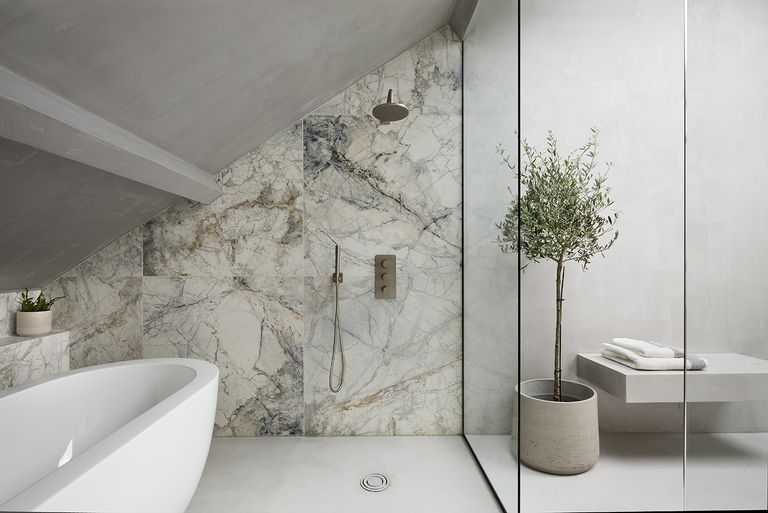 how to design a bathroom in an awkward space with sloping roof, marble walls, shower screen and indoor tree