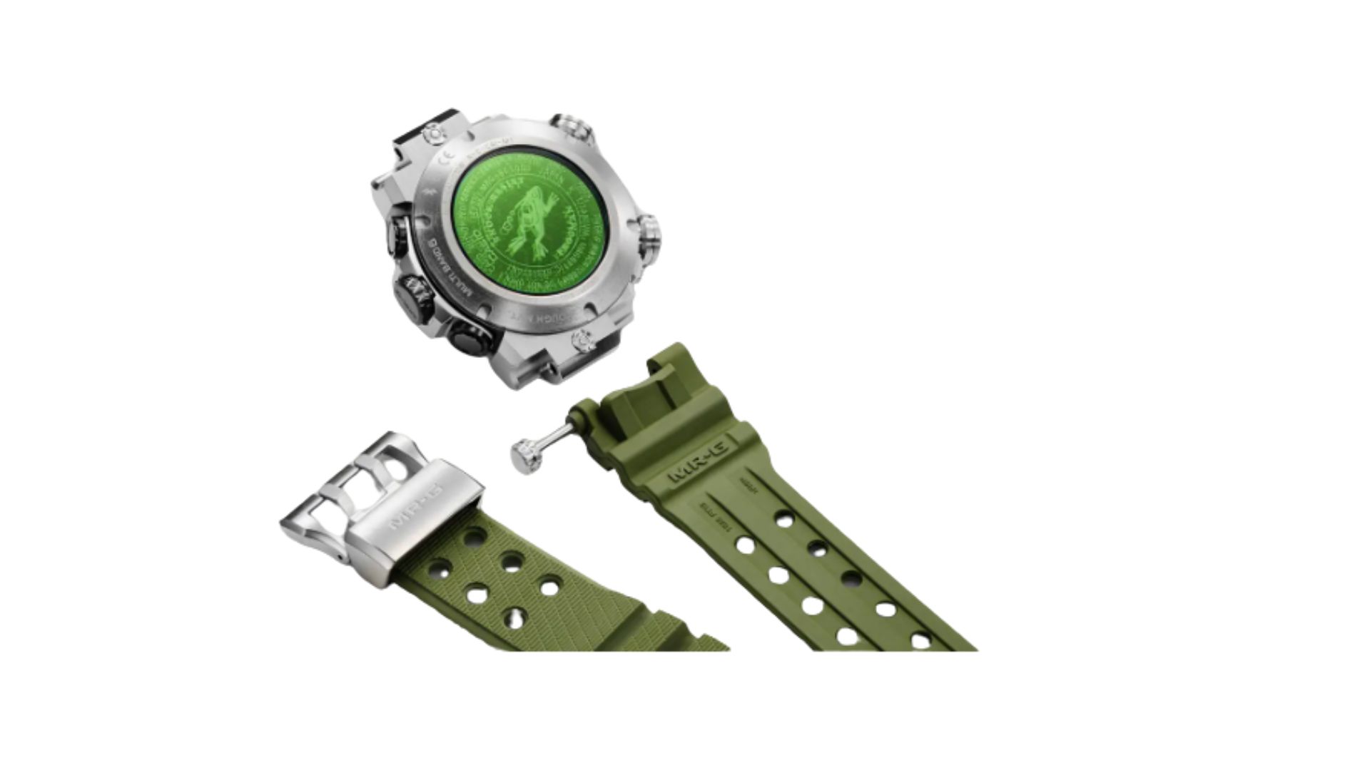 an image of the back of the goliath frogman watch by itself. The green strap is detached and facing upwards