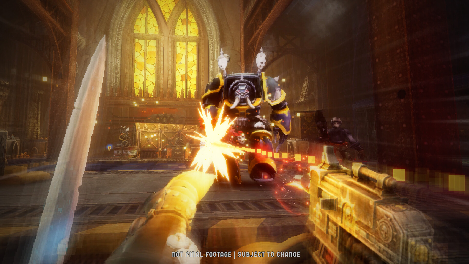 A Sister of Battle slide-kicks toward a Chaos marine in terminator armor