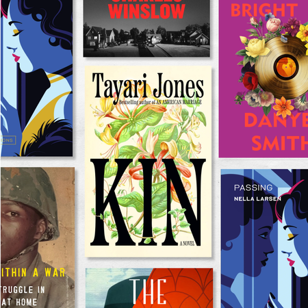 a collage of book covers of the best books to buy and read over juneteenth weekend incluing kin the great mann passing and more