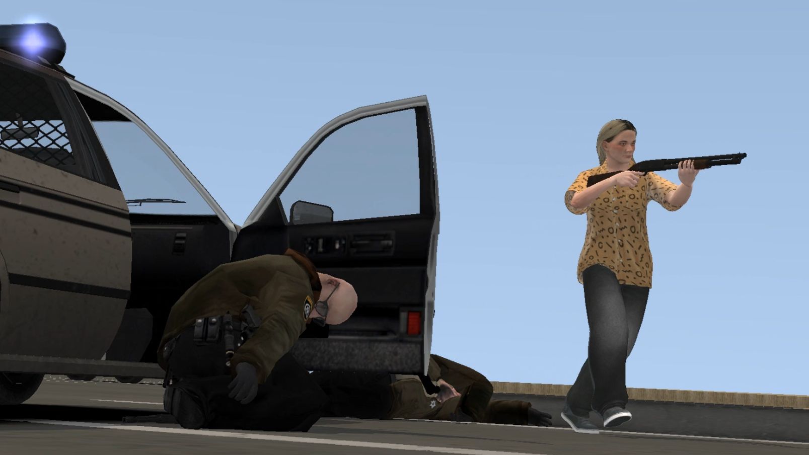 A woman holding a shotgun walks away from a police car.