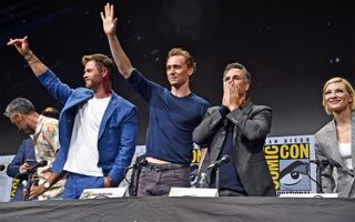 Director Taika Waititi, actors Chris Hemsworth, Tom Hiddleston, Mark Ruffalo and Cate Blanchett from "Thor: Ragnarok" helm a panel at the San Diego Comic-Con International 2017.