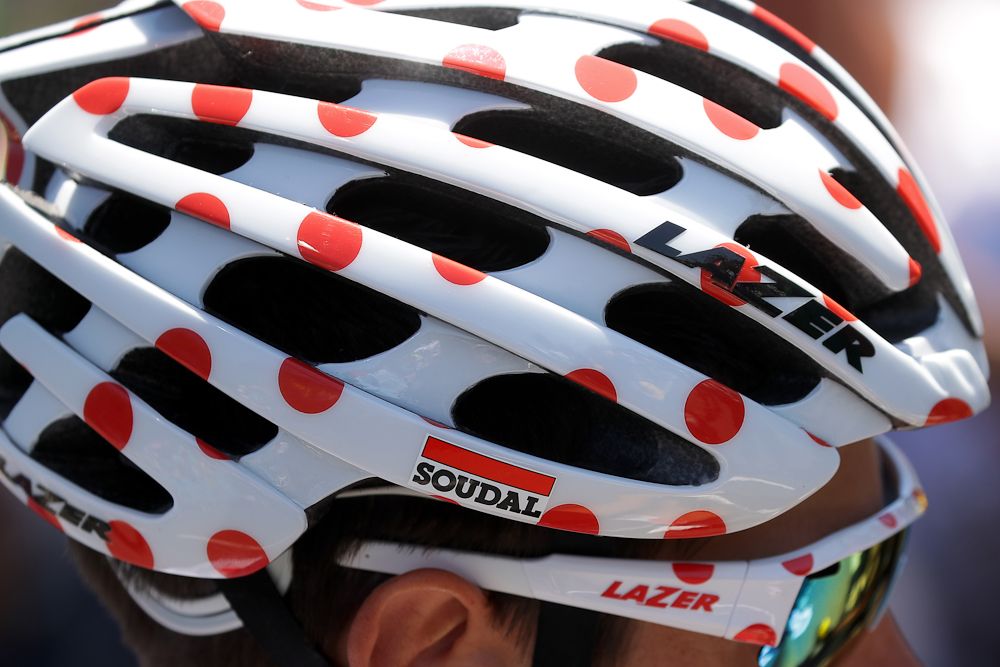 Polka dots on Thomas De Gendt's helmet to match his mountains jersey