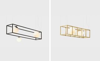 The 'Witt', a modular spin on the traditional chandelier, pairs pearl-like bulbs with hollow brass cubes and can hang horizontally or vertically. Pictured left: 'Witt 3'. Right: 'Witt 4'