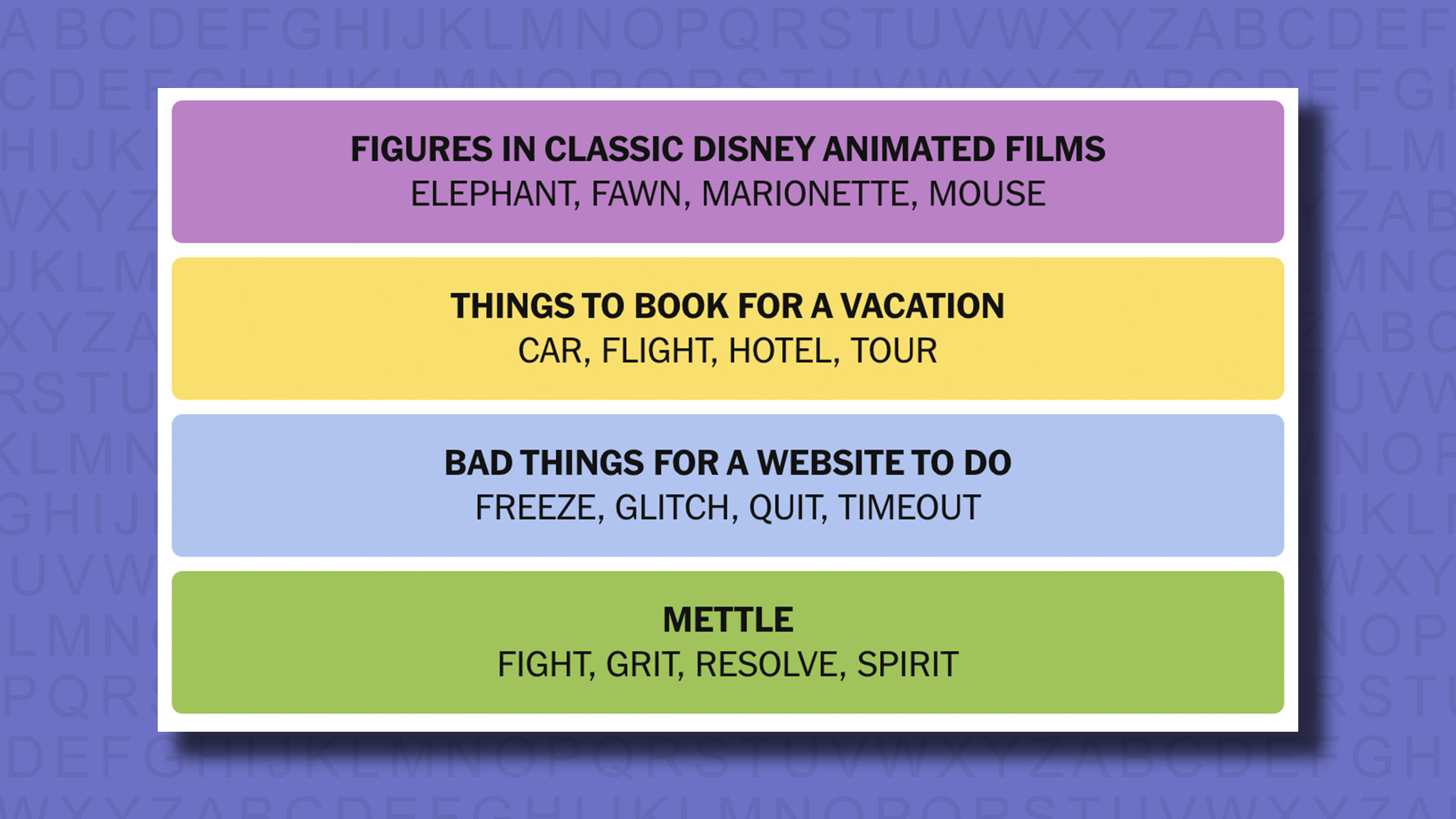 NYT Connections answers for game 737 on a purple background