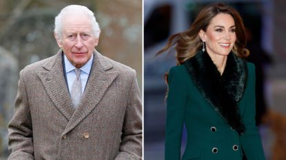 Composite of a picture of King Charles in 2024 and a picture of Kate Middleton in 2025