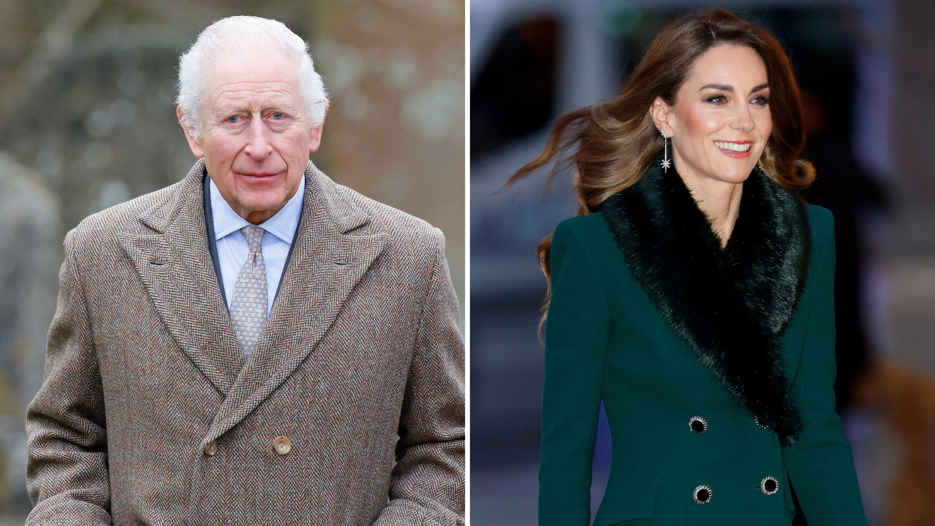 Composite of a picture of King Charles in 2024 and a picture of Kate Middleton in 2025