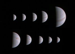 These 10 images show Jupiter growing and shrinking in apparent size before and after NASA's Juno spacecraft made its close approach to the planet on August 27, 2016.