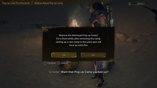 The Monster Hunter Wilds UI with text confirming the player wants to Remove a destroyed Pop-up Camp.