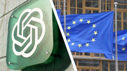 A split image of a ChatGPT logo and an EU flag.