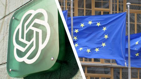 A split image of a ChatGPT logo and an EU flag.