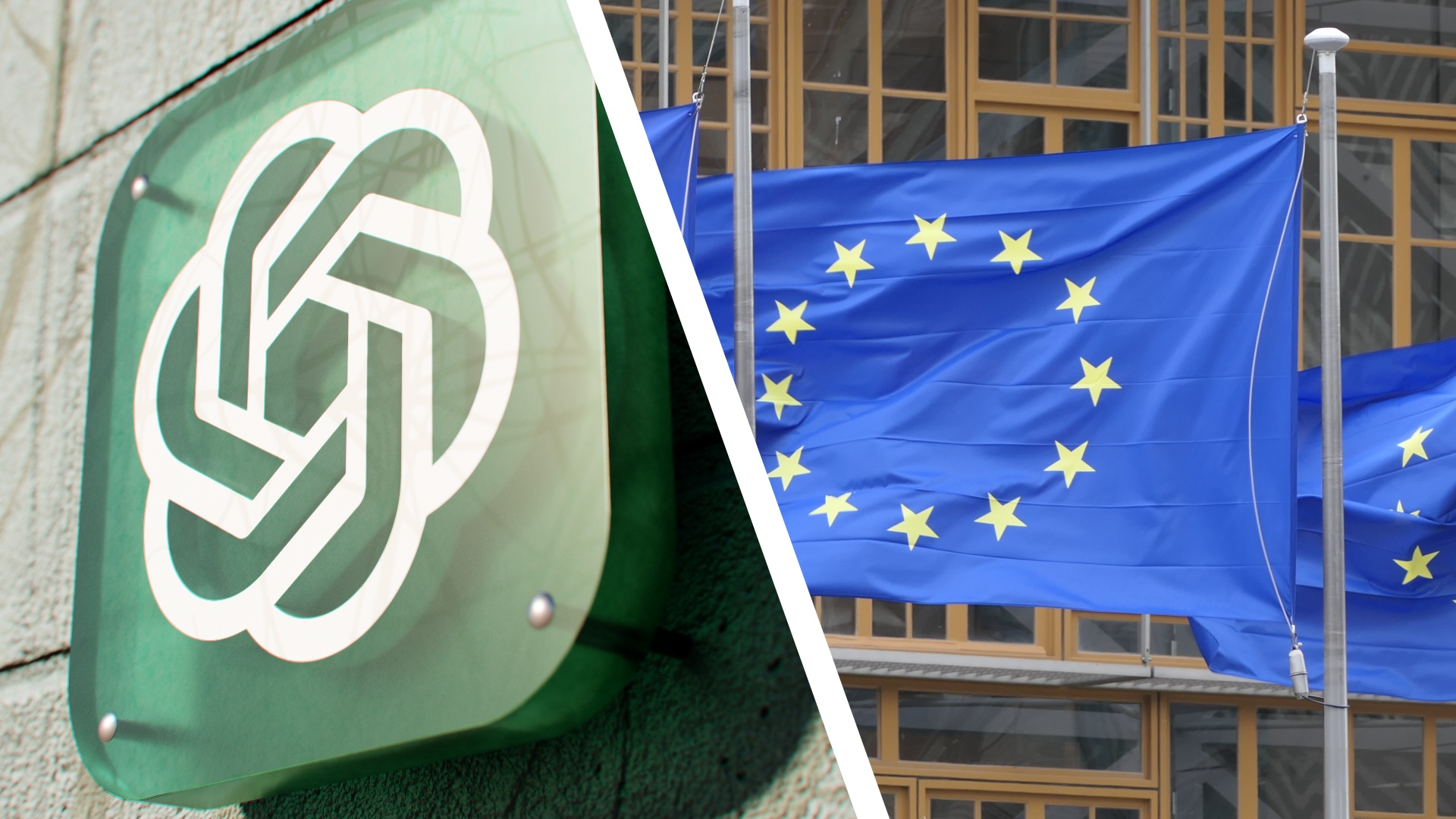 A split image of a ChatGPT logo and an EU flag.