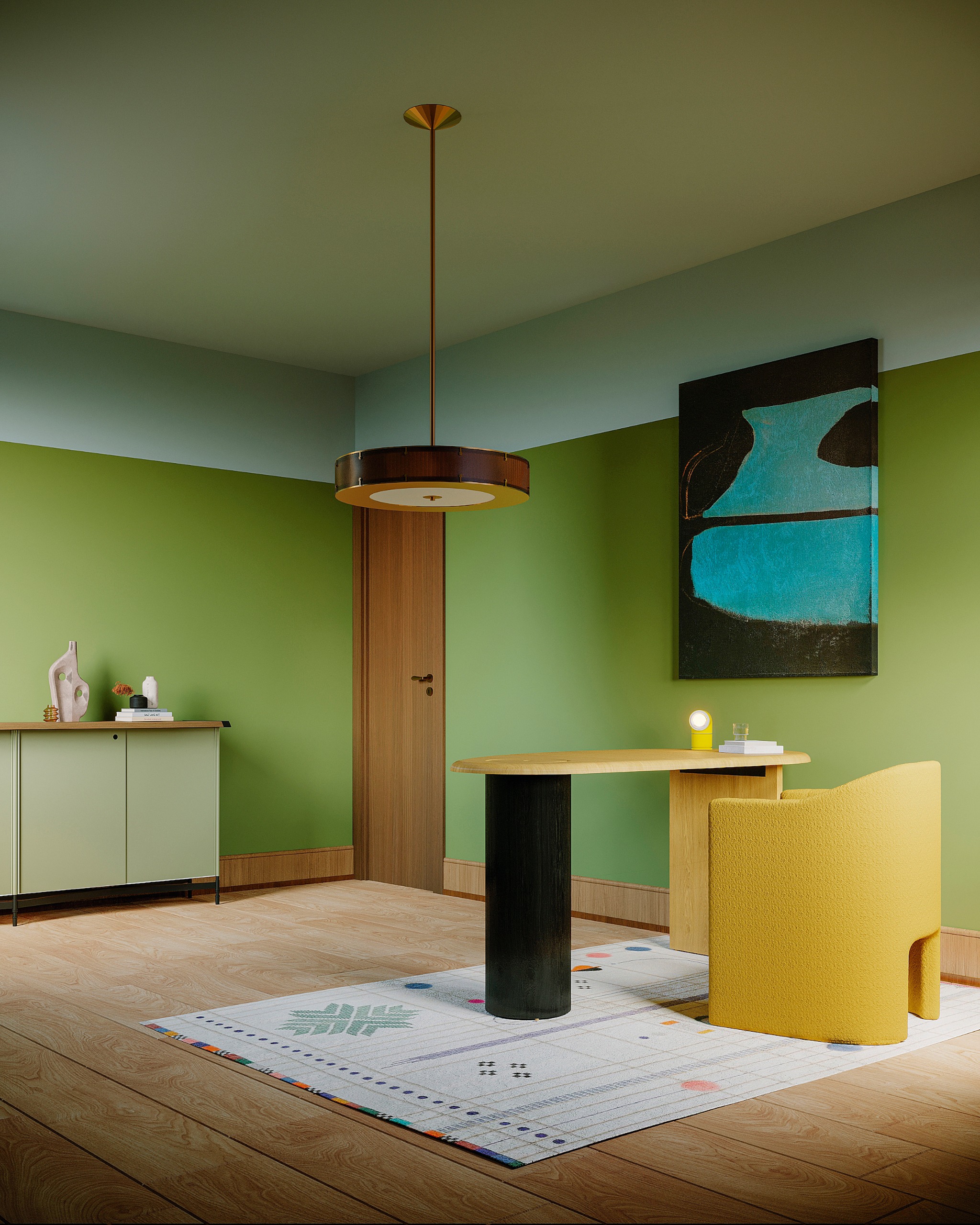 Office with bright green walls and sky-blue color-capped ceiling, black and oak desk with yellow tub chair, linear pattern white rug and mint green sideboard