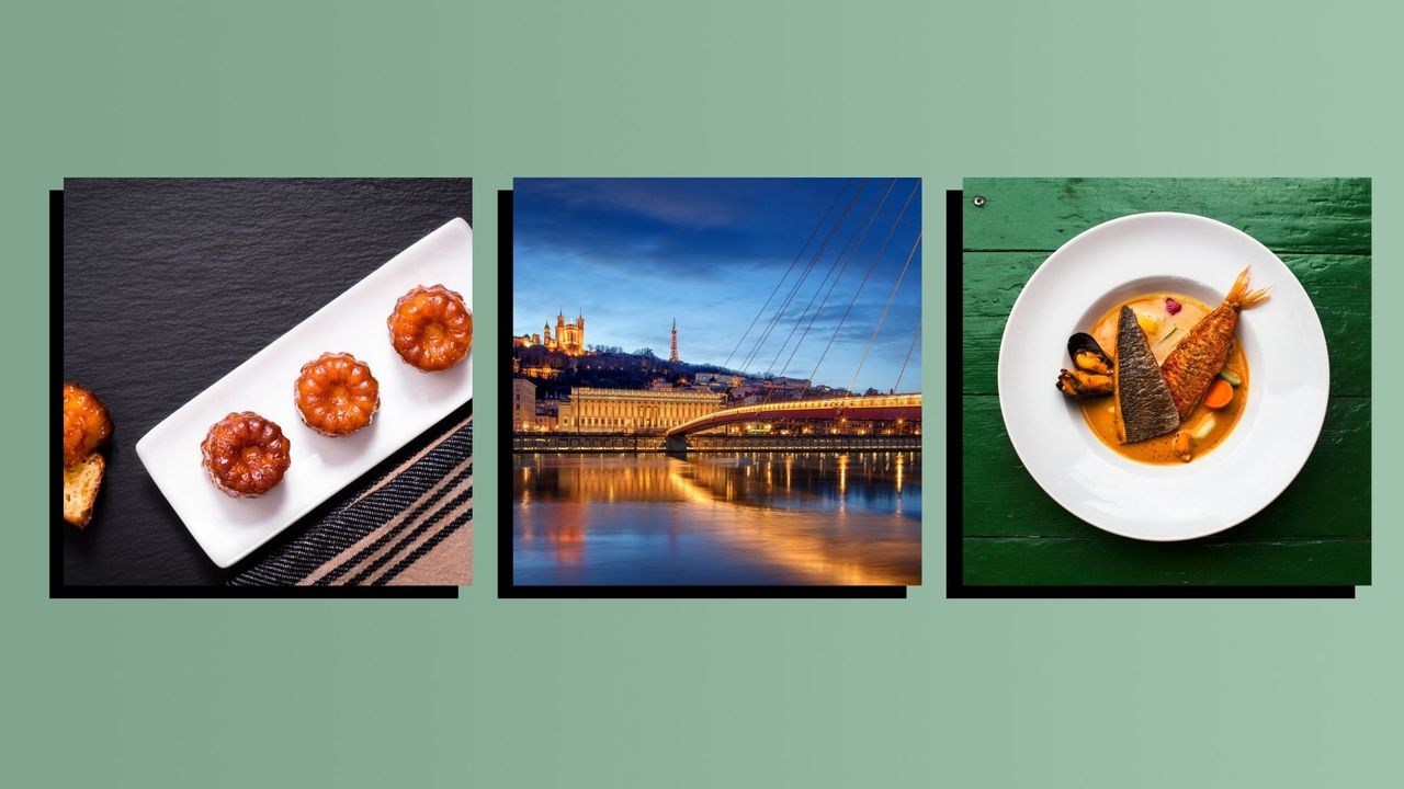 A collage of images that represent the best foodie cities in France: a photo of some a dessert, a landscape photo of Lyon and a XX, a traditional fish stew from Marseille. All presented on a green background with black drop shadows