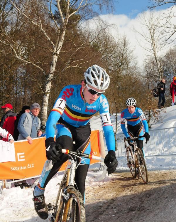 Tim Merlier (Belgium) unclips as he heads into an icy corner