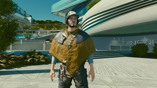 A player character wearing a hat and poncho in New Atlantis in Starfield.