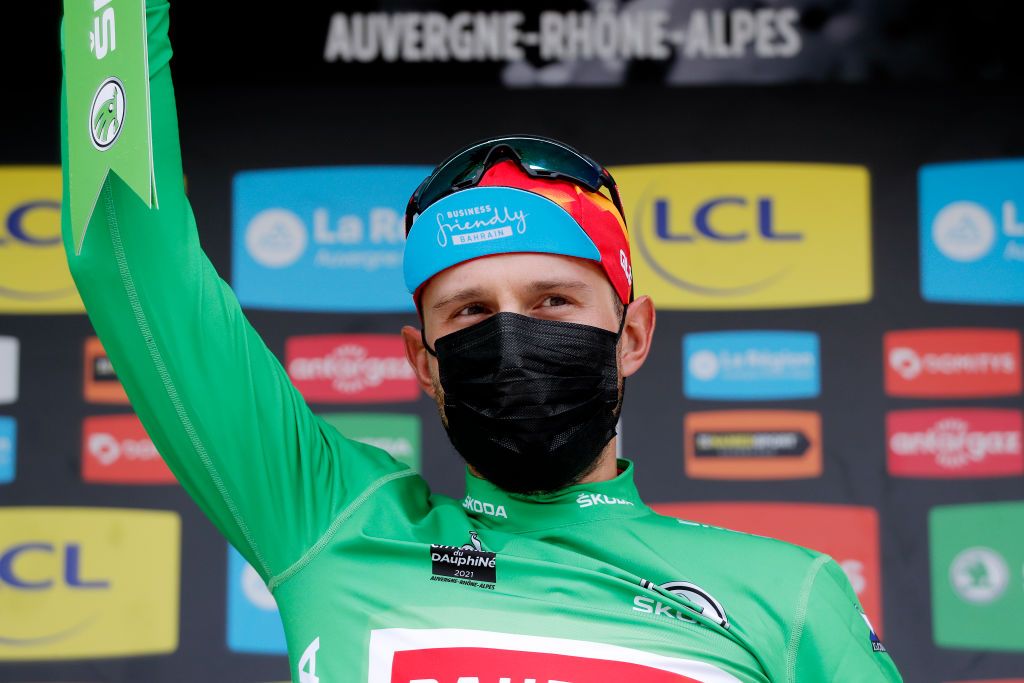 LE SAPPEYENCHARTREUSE FRANCE JUNE 04 Sonny Colbrelli of Italy and Team Bahrain Victorious Green Points Jersey celebrates at podium during the 73rd Critrium du Dauphin 2021 Stage 6 a 1672km stage from LoriolsurDrome to Le SappeyenChartreuse 1003m UCIworldtour Dauphin dauphine on June 04 2021 in Le SappeyenChartreuse France Photo by Bas CzerwinskiGetty Images