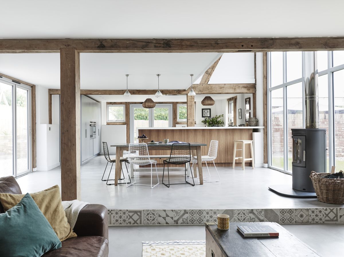 open plan kitchen and dining room with glazed gable
