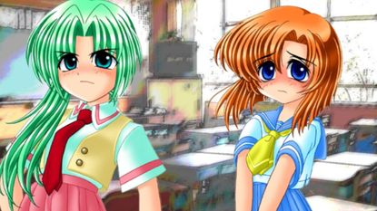 Mion and Rena look uneasy in the classroom in Higurashi: When They Cry